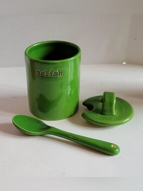 Pottery Barm relish pickle condiment Jar with Lid and Spoon bbq kitchen decor